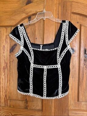 Free People Black Velvet Scoop Neck Crop Top with White Trim
